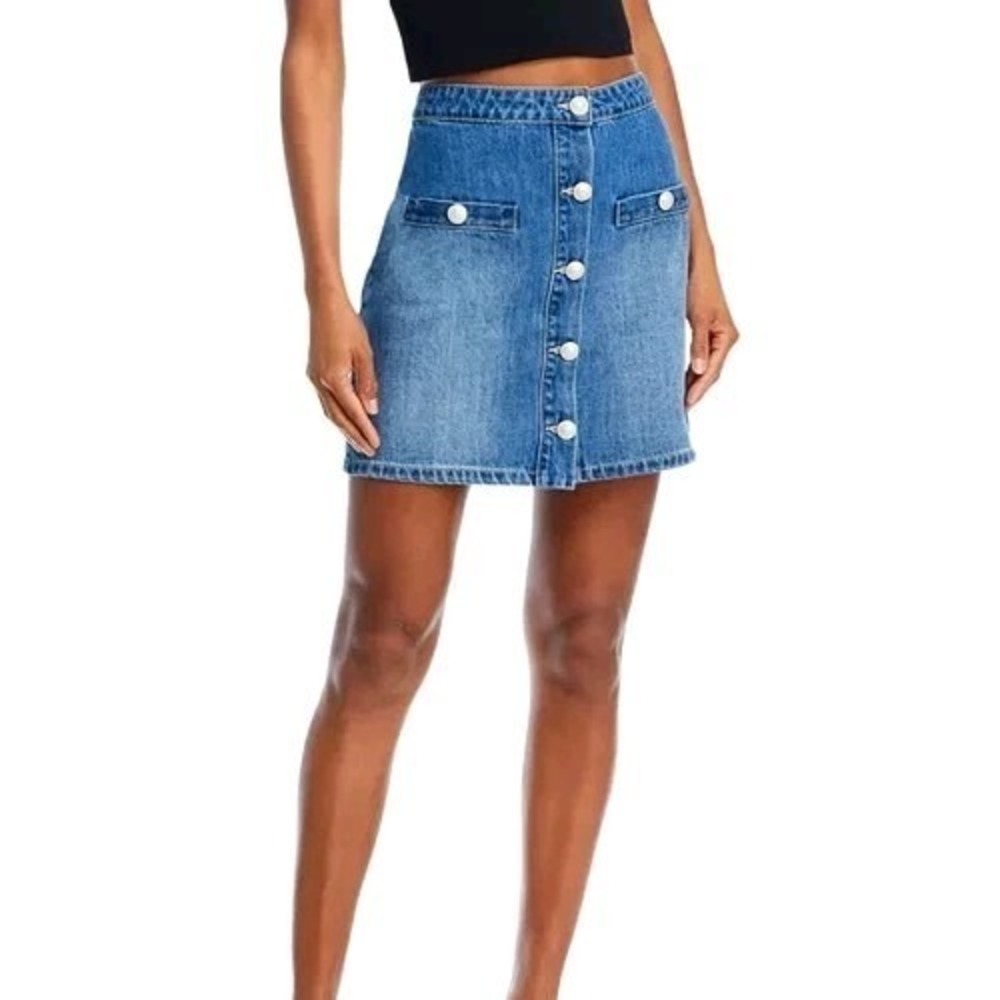 L'AGENCE Kris Denim Silver Button Front Mini Skirt Blue Wash Cotton High Rise 26